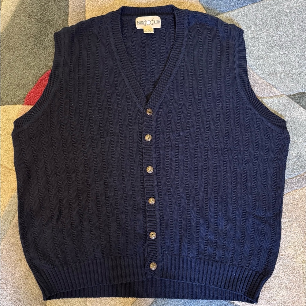 Vintage Hunt Club Navy Sweater Vest XL Button Front Golf Cotton Made in Korea